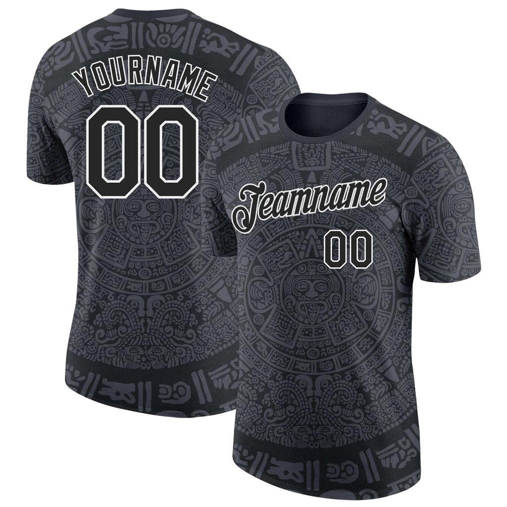 Custom Black-White Tribal Ethnic Aztec Sun Stone 3D Pattern Performance T-Shirt