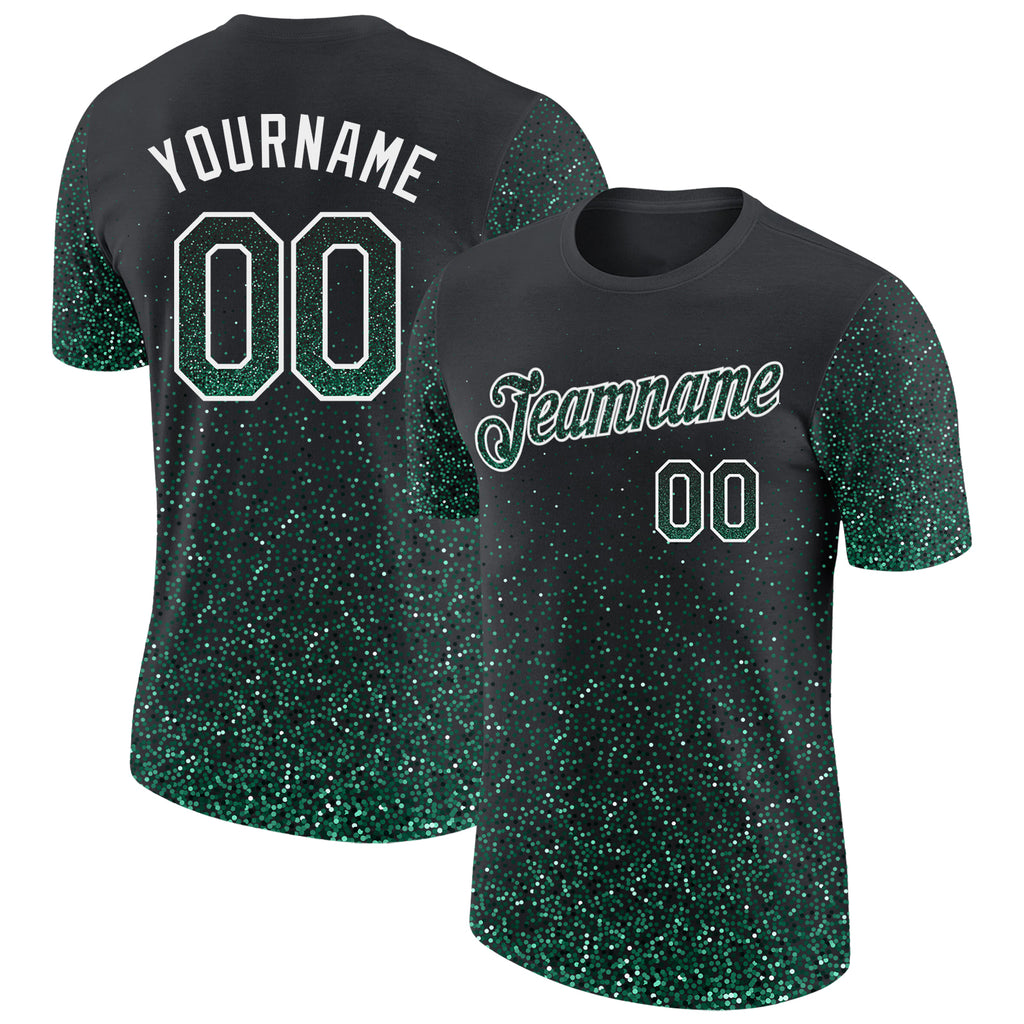 Custom Black Kelly Green-White Colorful Sparkle Gradient Dots Performance T-Shirt