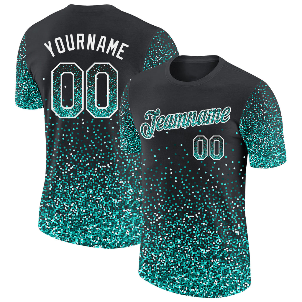 Custom Black Aqua-White Colorful Sparkle Gradient Dots Performance T-Shirt