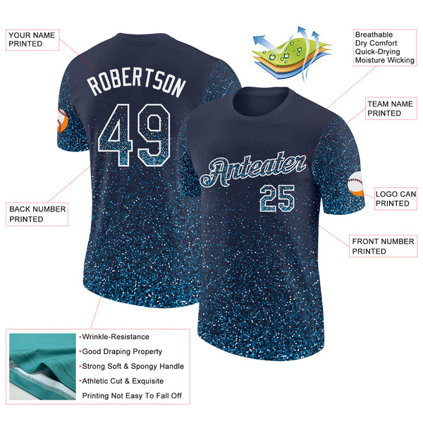 Custom Navy Sky Blue-White Colorful Sparkle Gradient Dots Performance T-Shirt