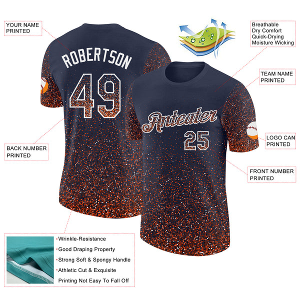 Custom Navy Orange-White Colorful Sparkle Gradient Dots Performance T-Shirt