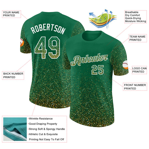 Custom Kelly Green Old Gold-White Colorful Sparkle Gradient Dots Performance T-Shirt