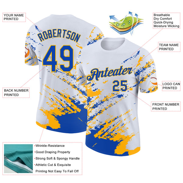 Custom White Thunder Blue-Gold Brush Stroke Shatter Splatter Performance T-Shirt