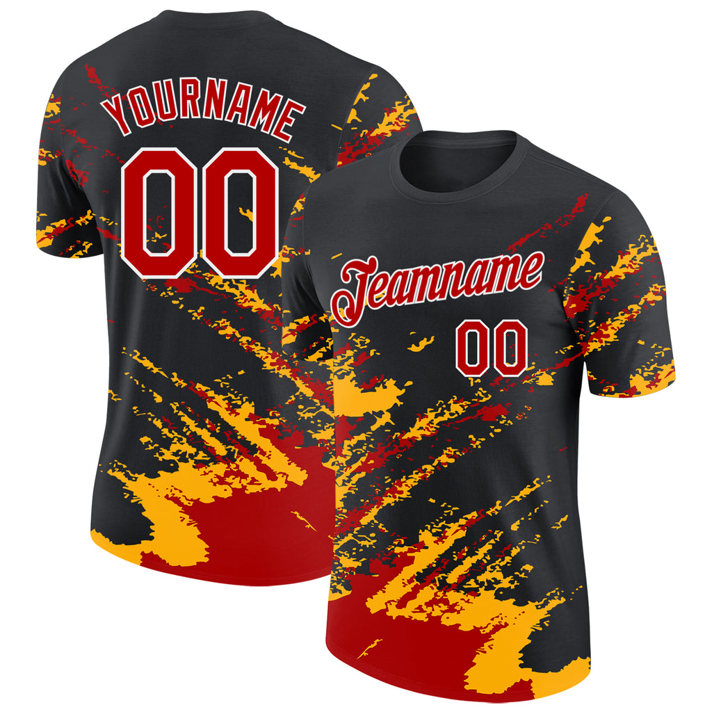 Custom Black Red Gold-White Brush Stroke Shatter Splatter Performance T-Shirt