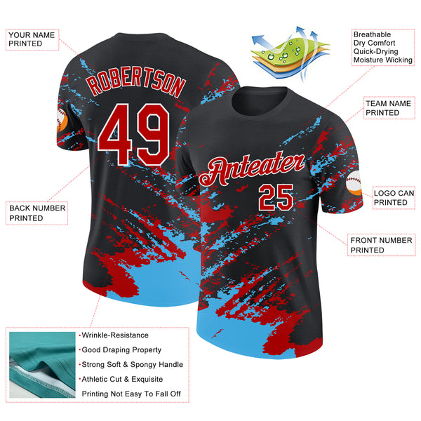 Custom Black Red Sky Blue-White Brush Stroke Shatter Splatter Performance T-Shirt