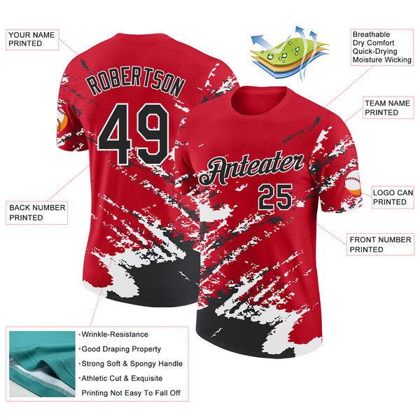 Custom Red Black-White Brush Stroke Shatter Splatter Performance T-Shirt