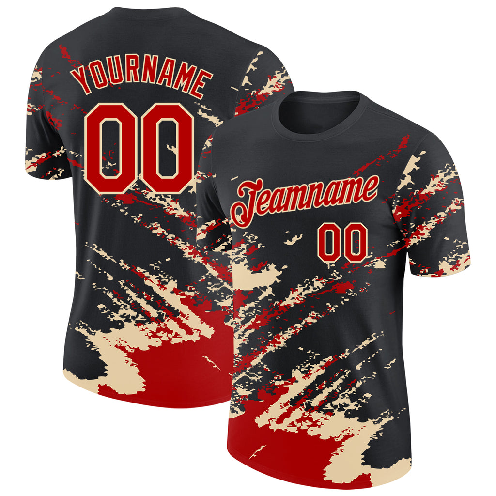 Custom Black Red-Cream Brush Stroke Shatter Splatter Performance T-Shirt