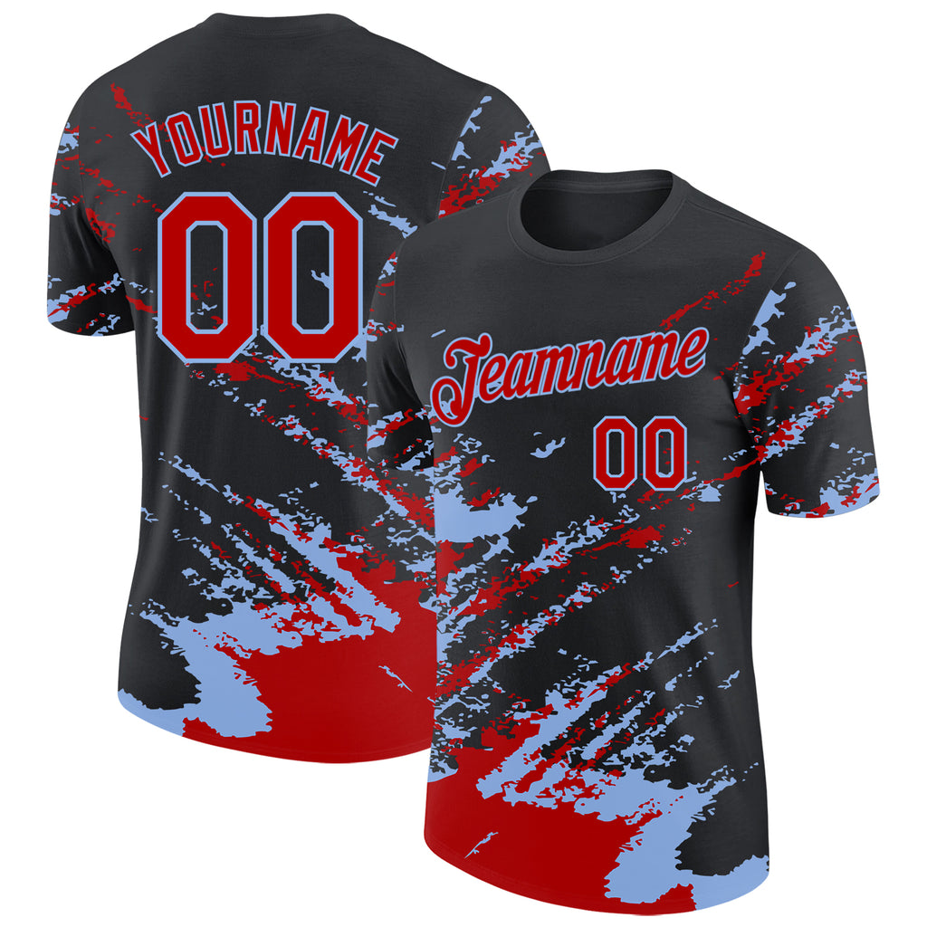 Custom Black Red-Light Blue Brush Stroke Shatter Splatter Performance T-Shirt