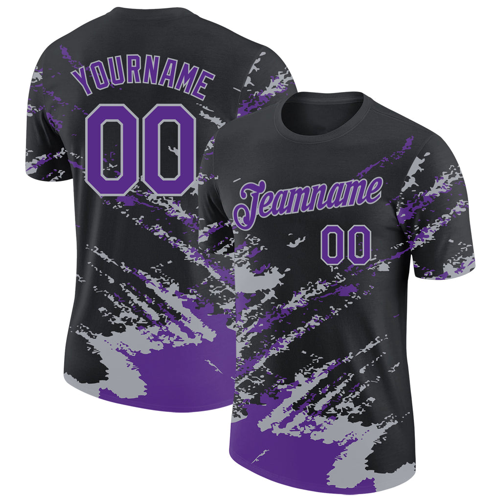 Custom Black Purple-Gray Brush Stroke Shatter Splatter Performance T-Shirt