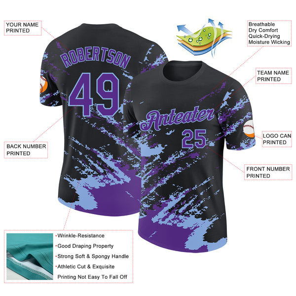 Custom Black Purple-Light Blue Brush Stroke Shatter Splatter Performance T-Shirt