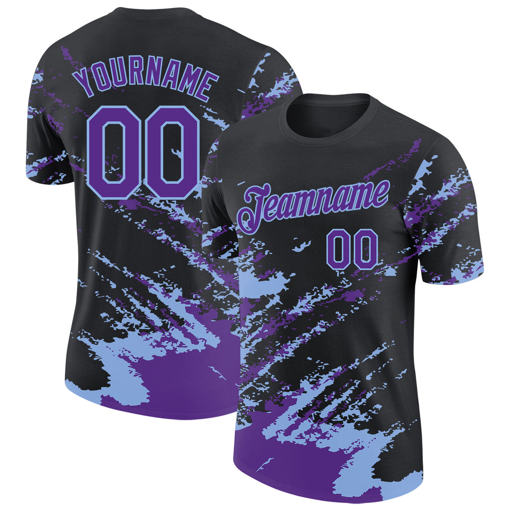 Custom Black Purple-Light Blue Brush Stroke Shatter Splatter Performance T-Shirt