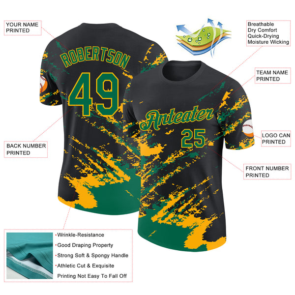 Custom Black Kelly Green-Gold Brush Stroke Shatter Splatter Performance T-Shirt