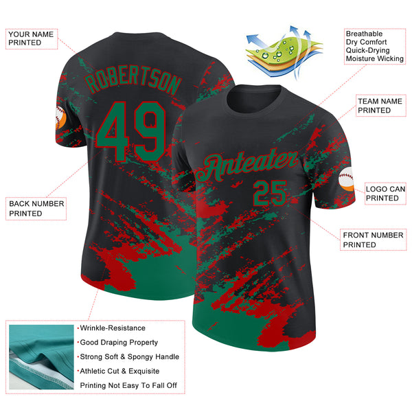 Custom Black Kelly Green-Red Brush Stroke Shatter Splatter Performance T-Shirt