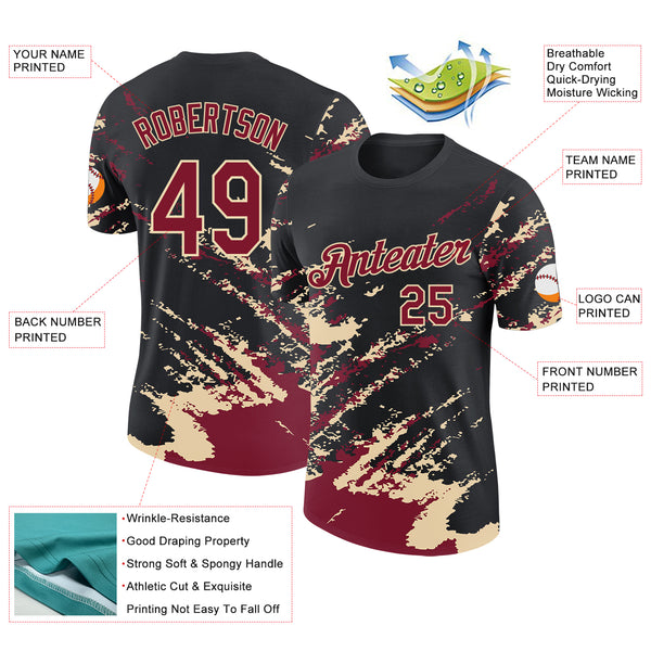 Custom Black Crimson-Cream Brush Stroke Shatter Splatter Performance T-Shirt