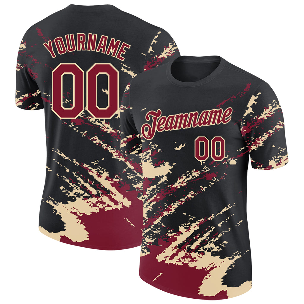 Custom Black Crimson-Cream Brush Stroke Shatter Splatter Performance T-Shirt