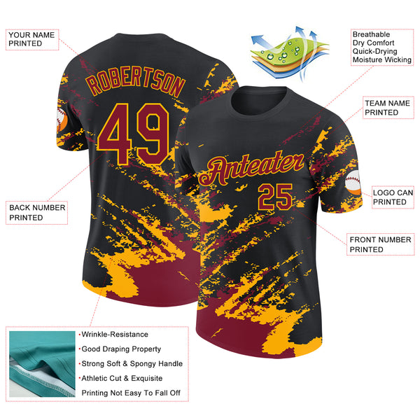 Custom Black Crimson-Gold Brush Stroke Shatter Splatter Performance T-Shirt