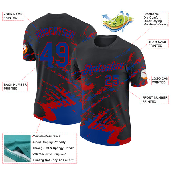 Custom Black Royal-Red Brush Stroke Shatter Splatter Performance T-Shirt