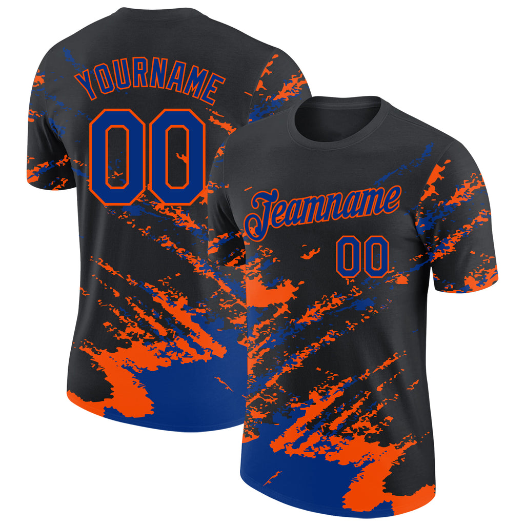Custom Black Royal-Orange Brush Stroke Shatter Splatter Performance T-Shirt