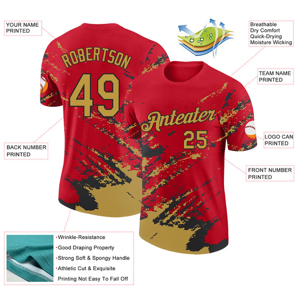Custom Red Old Gold-Black Brush Stroke Shatter Splatter Performance T-Shirt