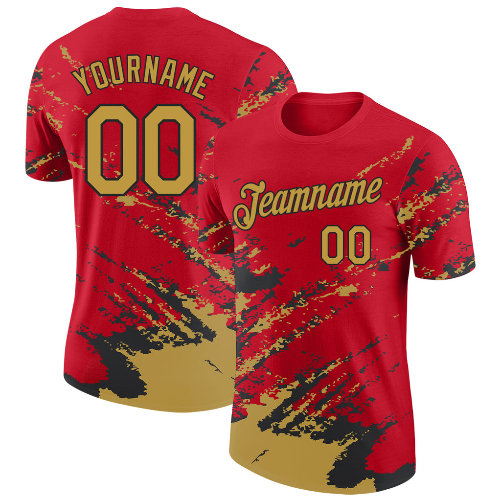 Custom Red Old Gold-Black Brush Stroke Shatter Splatter Performance T-Shirt
