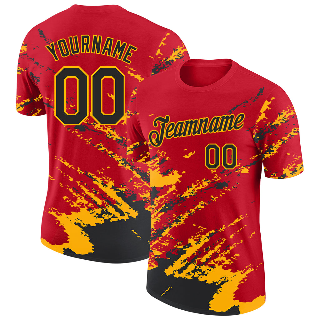 Custom Red Black-Gold Brush Stroke Shatter Splatter Performance T-Shirt