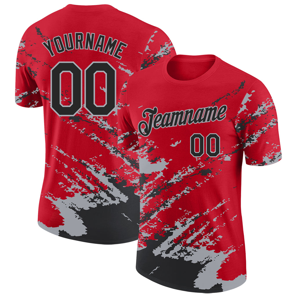Custom Red Black-Gray Brush Stroke Shatter Splatter Performance T-Shirt