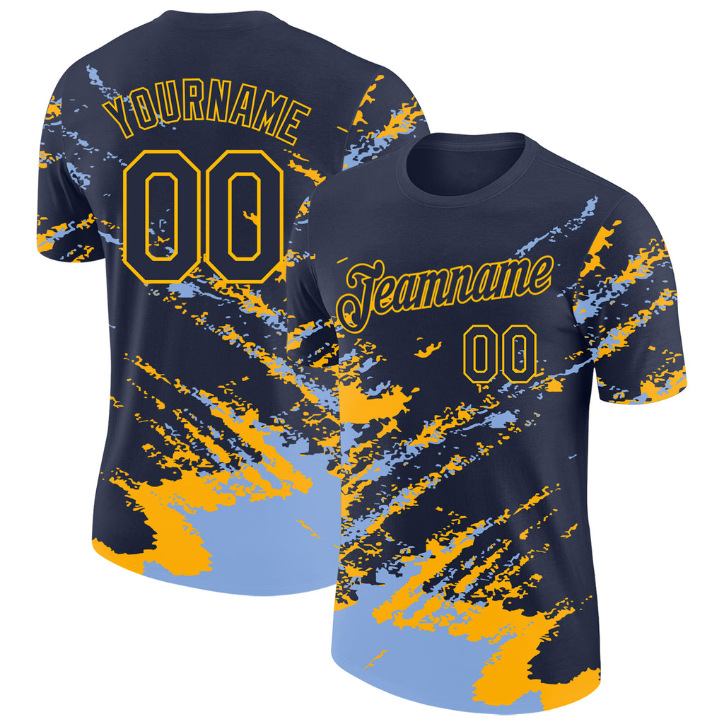 Custom Navy Light Blue-Gold Brush Stroke Shatter Splatter Performance T-Shirt