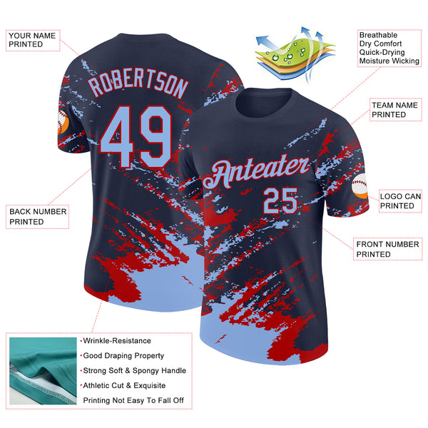 Custom Navy Light Blue-Red Brush Stroke Shatter Splatter Performance T-Shirt