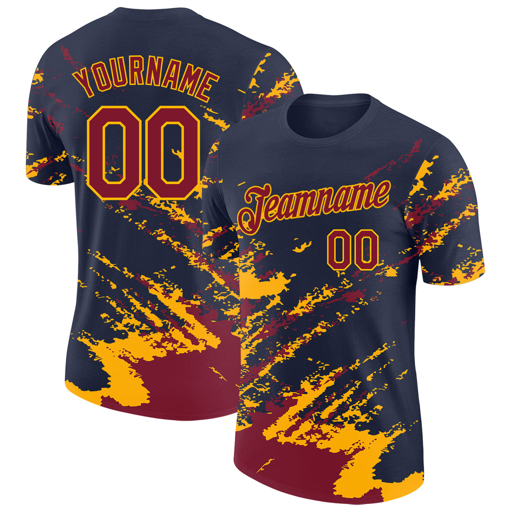 Custom Navy Crimson-Gold Brush Stroke Shatter Splatter Performance T-Shirt