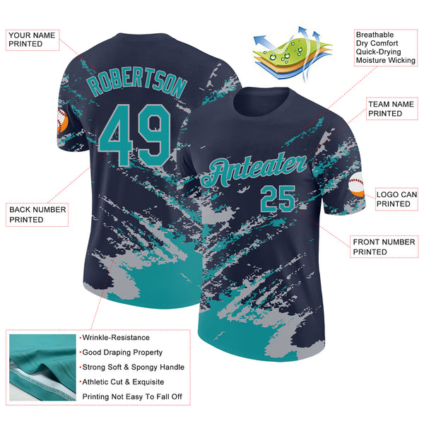 Custom Navy Teal-Gray Brush Stroke Shatter Splatter Performance T-Shirt