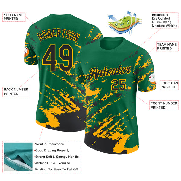 Custom Kelly Green Black-Gold Brush Stroke Shatter Splatter Performance T-Shirt