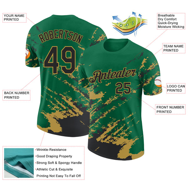 Custom Kelly Green Black-Old Gold Brush Stroke Shatter Splatter Performance T-Shirt