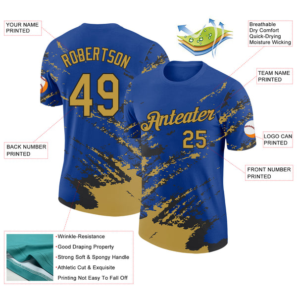 Custom Royal Old Gold-Black Brush Stroke Shatter Splatter Performance T-Shirt