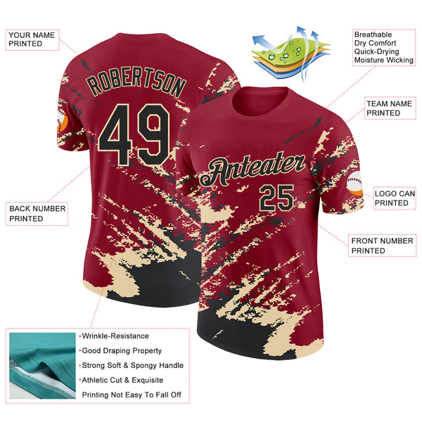 Custom Crimson Black-Cream Brush Stroke Shatter Splatter Performance T-Shirt