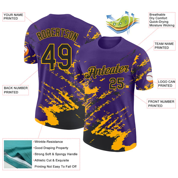 Custom Purple Black-Gold Brush Stroke Shatter Splatter Performance T-Shirt