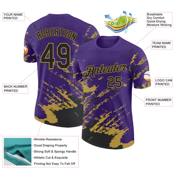 Custom Purple Black-Old Gold Brush Stroke Shatter Splatter Performance T-Shirt