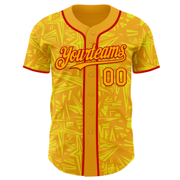 Custom Gold Light Yellow-Red Geometric Cyber Starburst Authentic Baseball Jersey