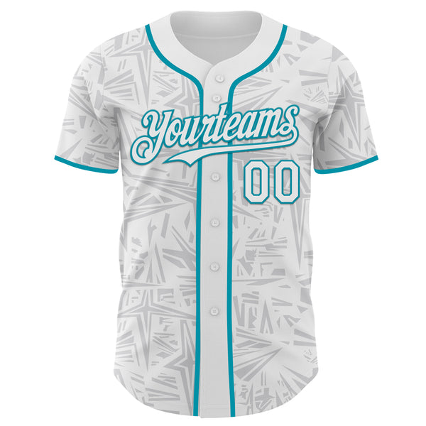 Custom White Gray-Teal Geometric Cyber Starburst Authentic Baseball Jersey