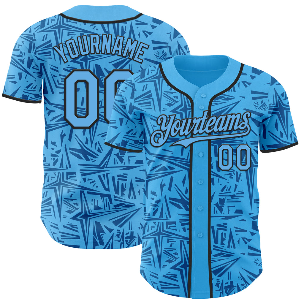 Custom Sky Blue Blue-Black Geometric Cyber Starburst Authentic Baseball Jersey