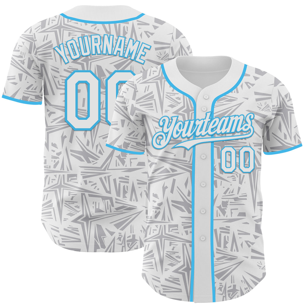 Custom White Gray-Sky Blue Geometric Cyber Starburst Authentic Baseball Jersey