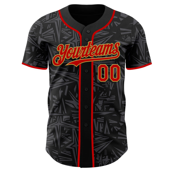 Custom Black Red Steel Gray-Old Gold Geometric Cyber Starburst Authentic Baseball Jersey