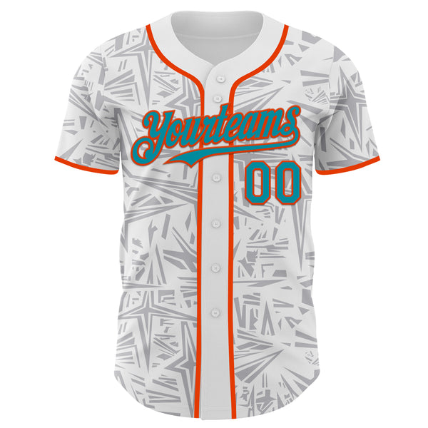 Custom White Teal Gray-Orange Geometric Cyber Starburst Authentic Baseball Jersey