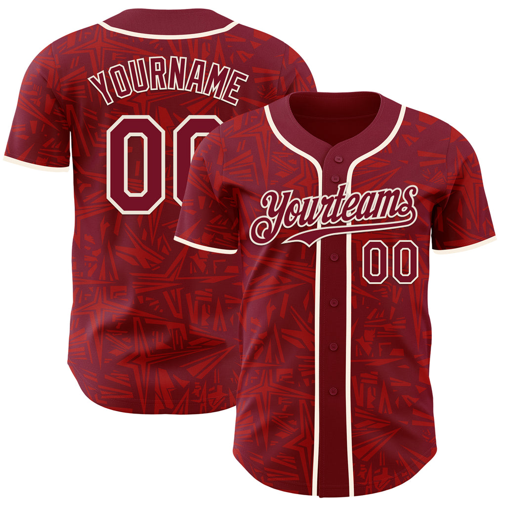 Custom Crimson-Cream Geometric Cyber Starburst Authentic Baseball Jersey