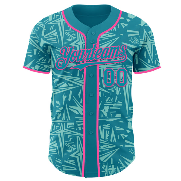 Custom Teal Ice Blue-Pink Geometric Cyber Starburst Authentic Baseball Jersey