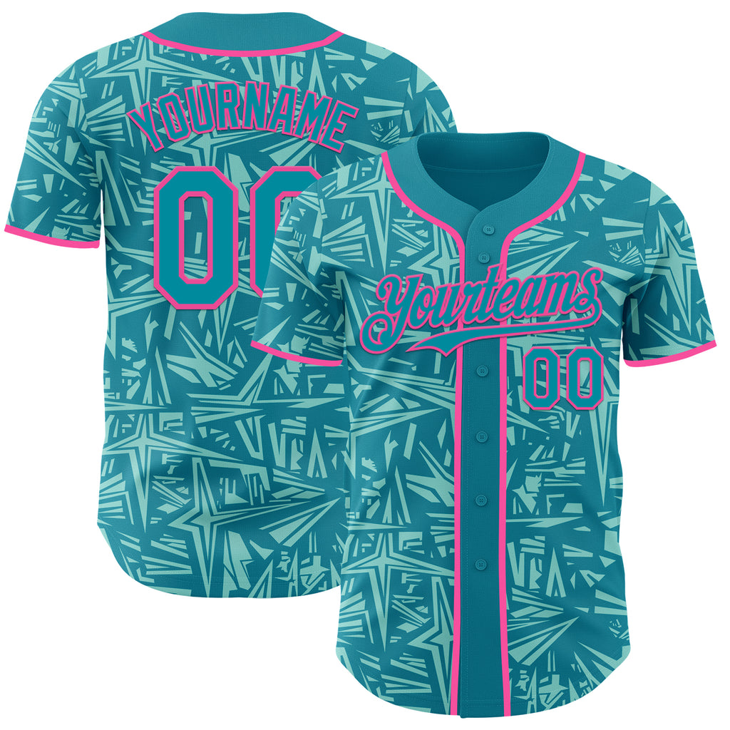 Custom Teal Ice Blue-Pink Geometric Cyber Starburst Authentic Baseball Jersey