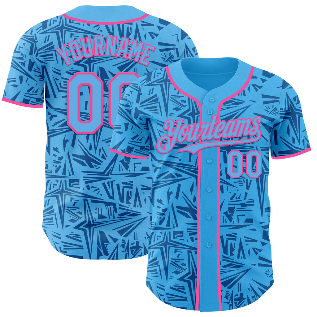 Custom Sky Blue Blue-Pink Geometric Cyber Starburst Authentic Baseball Jersey