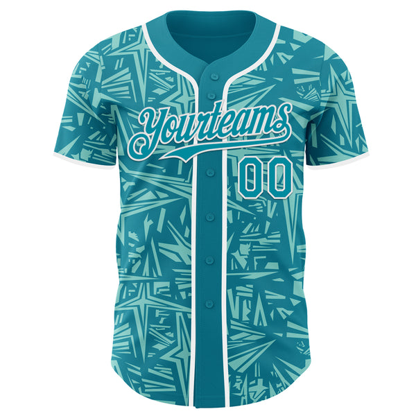 Custom Teal Ice Blue-White Geometric Cyber Starburst Authentic Baseball Jersey