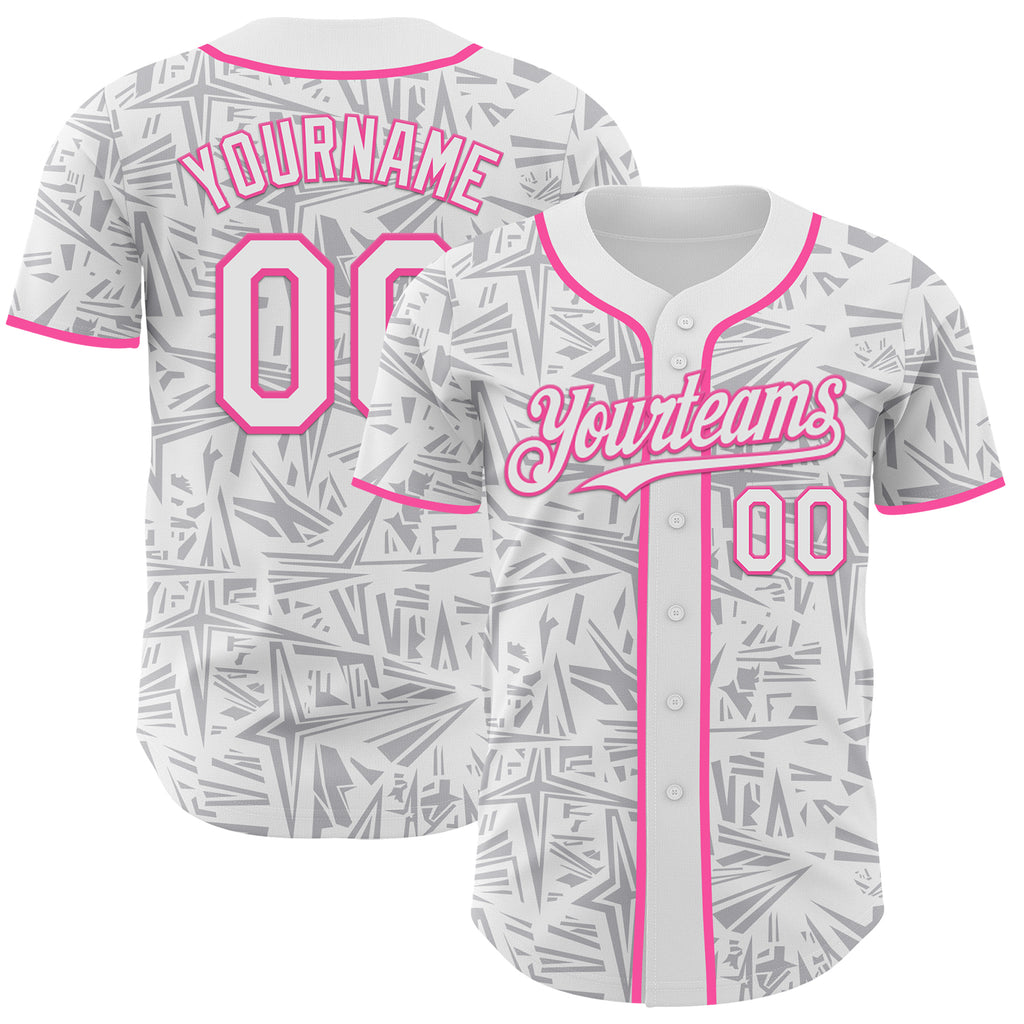 Custom White Gray-Pink Geometric Cyber Starburst Authentic Baseball Jersey