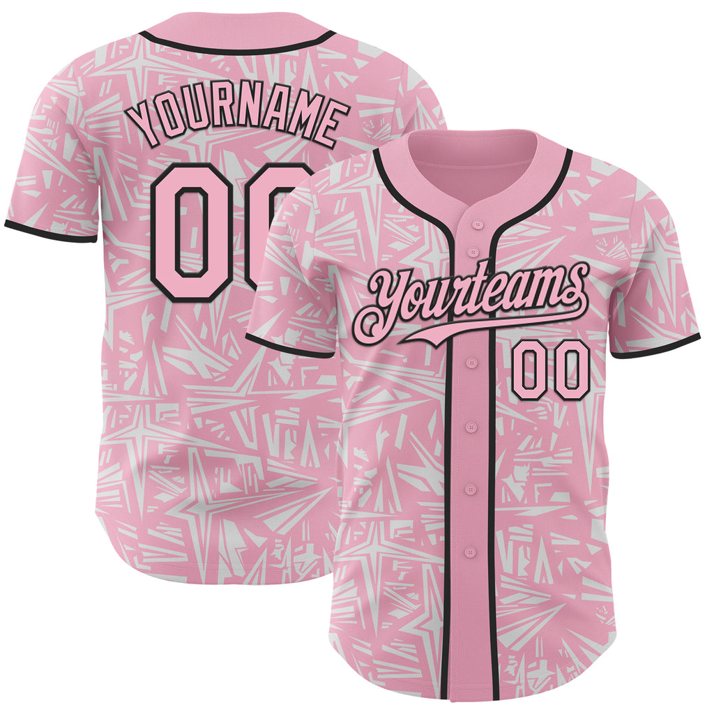 Custom Light Pink White-Black Geometric Cyber Starburst Authentic Baseball Jersey
