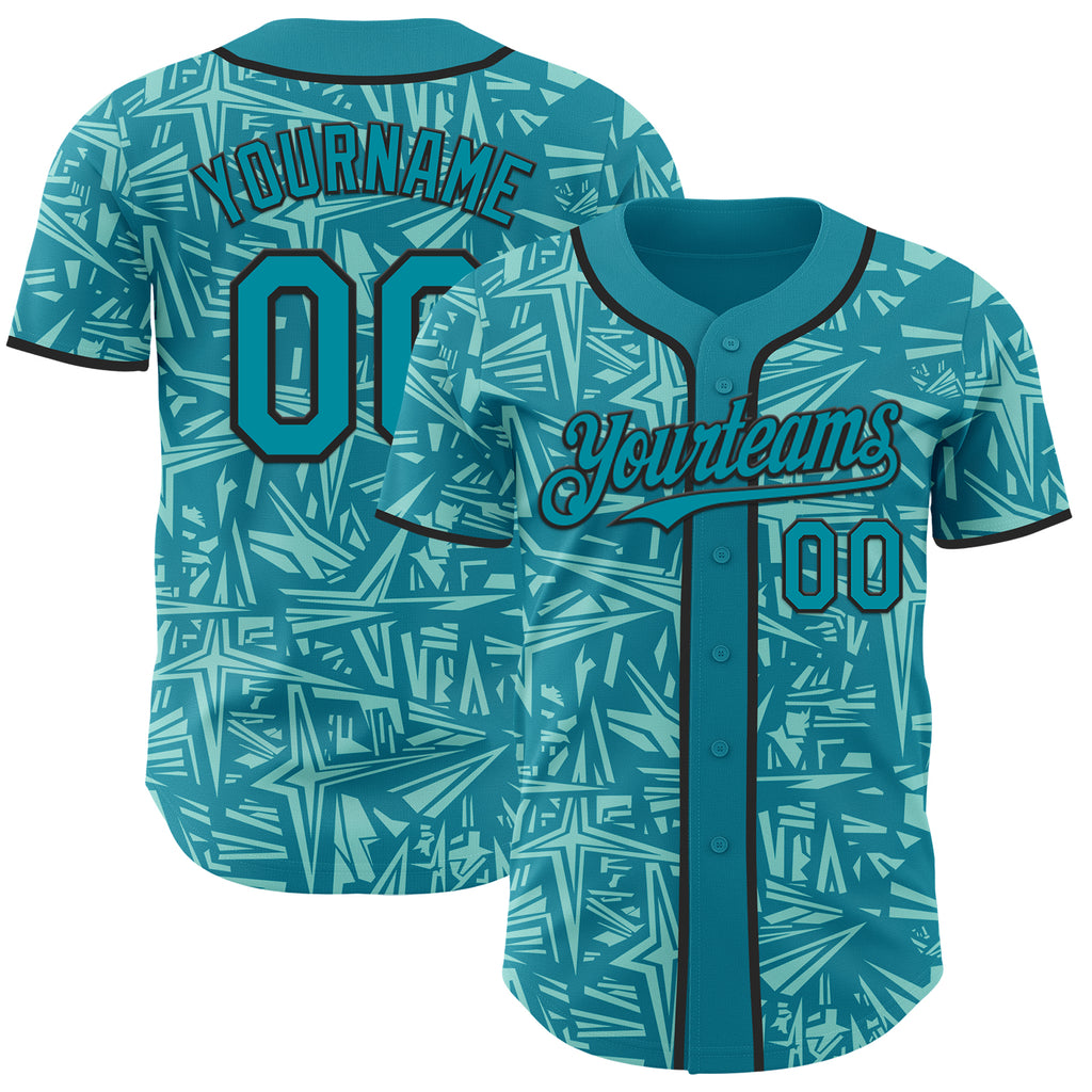Custom Teal Ice Blue-Black Geometric Cyber Starburst Authentic Baseball Jersey